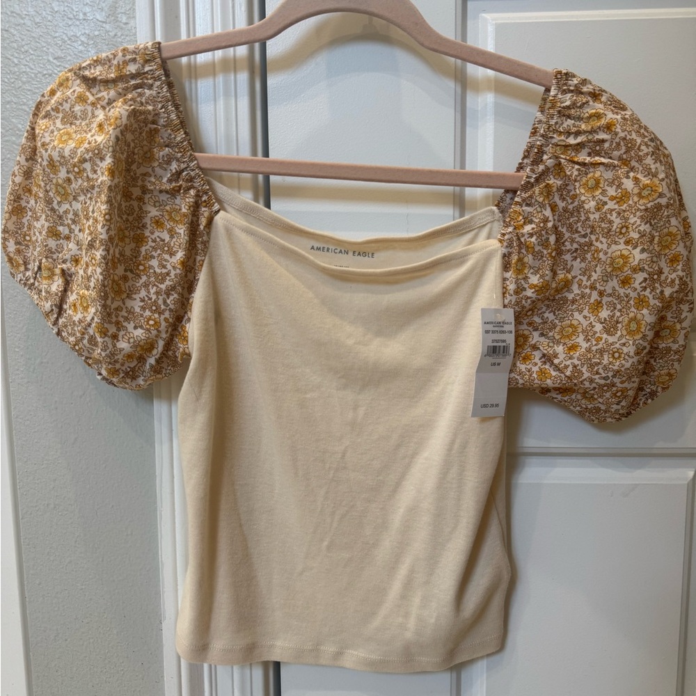 American Eagle Outfitters Cream Tan Ruched Fitted Blouse